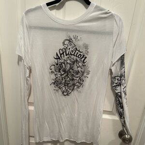 Affliction Long Sleeve Tee. White with black design. Size Large